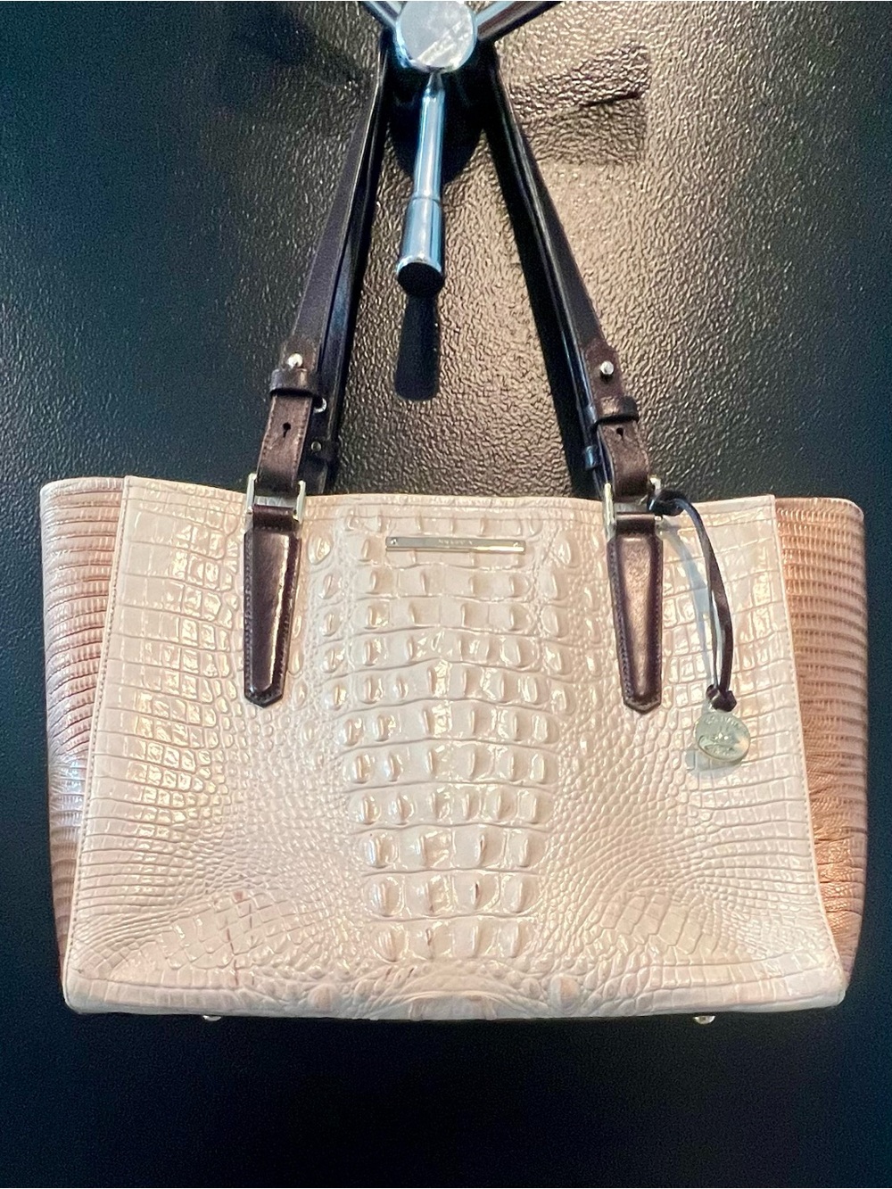 Brahmin Croc-Embossed Shoulder Tote in Blush and Dark Brown